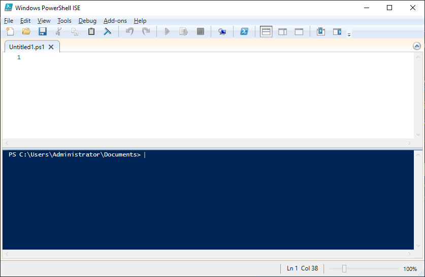 An image displaying the Powershell ISE. The Script pane is in white and the console pane is in blue with white text.