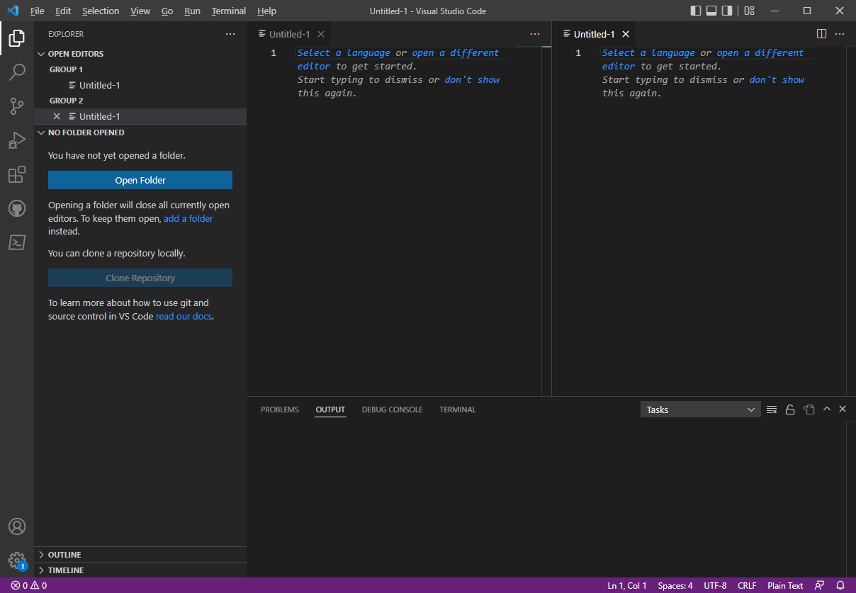 VS Code with a split screen editor. Editor panes have black backgrounds with blue and grey text.